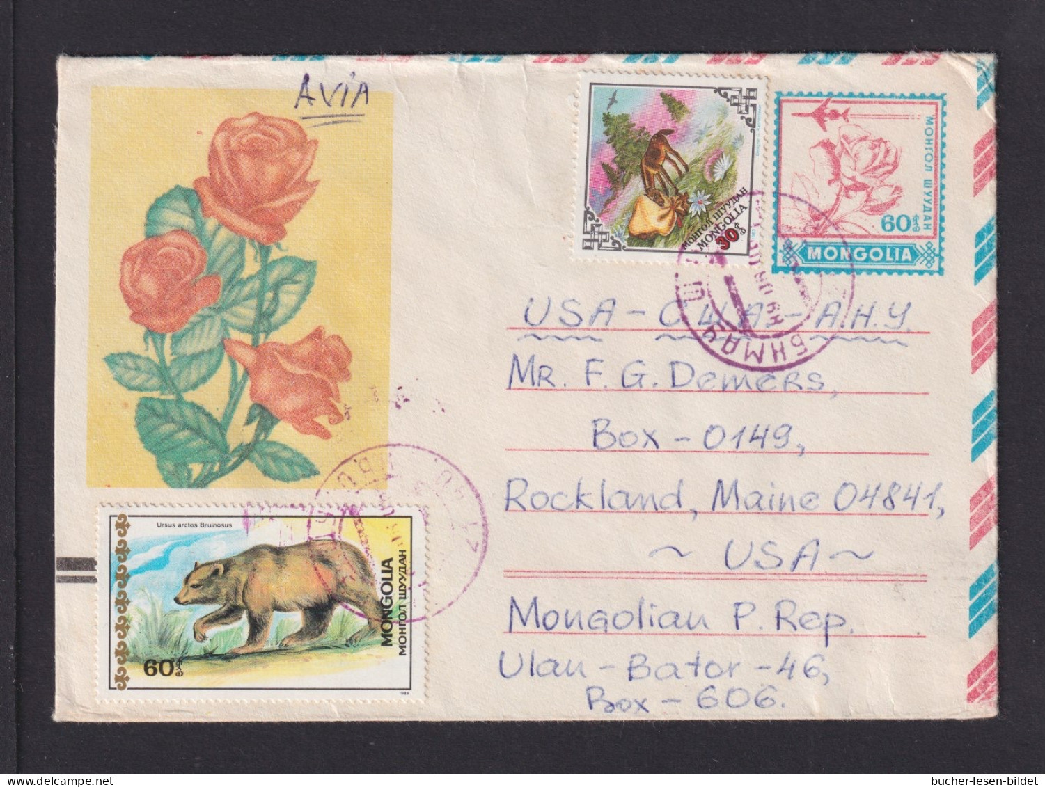 1988 - 60 T. Bild-Ganzsache "Rose" Gebraucht Mit Zufrankatur Ab Ulanbator Nach USA - Mongolei