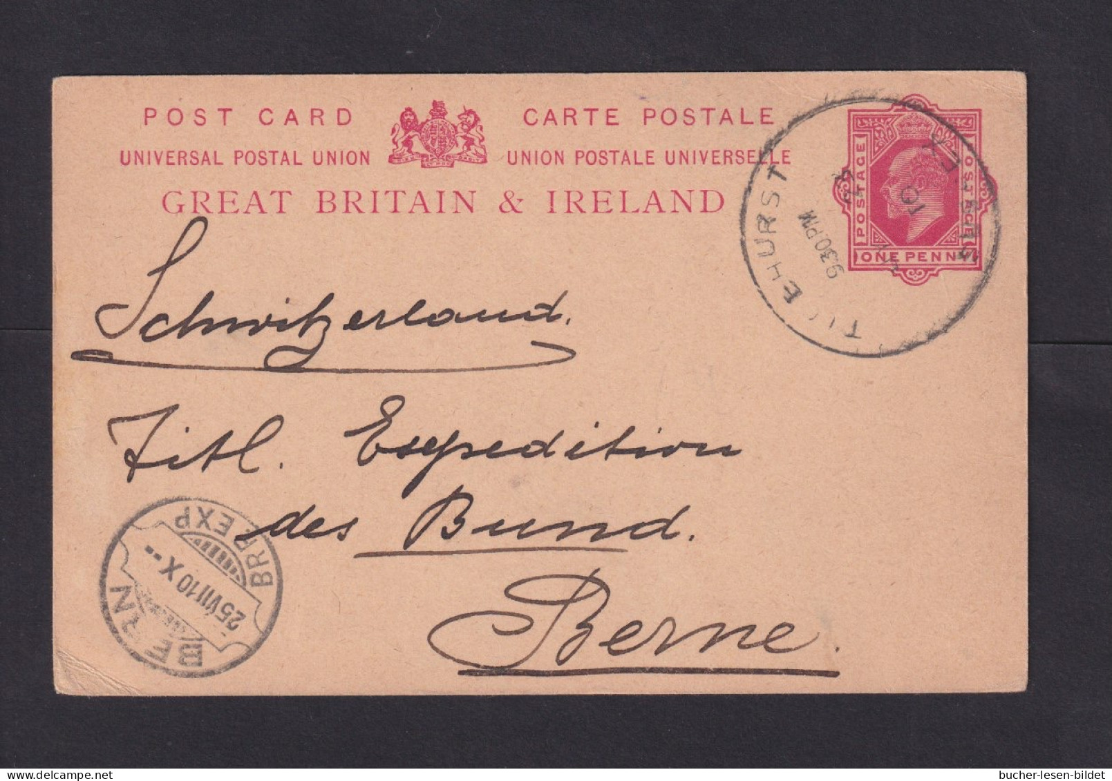 1910 - 1 P. Ganzsache Ab TICEHURST Nach Bern - Storia Postale