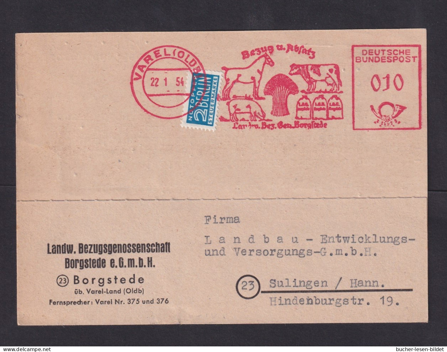 1954 - Freistempel Varel "Pferd, Kuh, Schwein - Futter" - Karte - Ferme