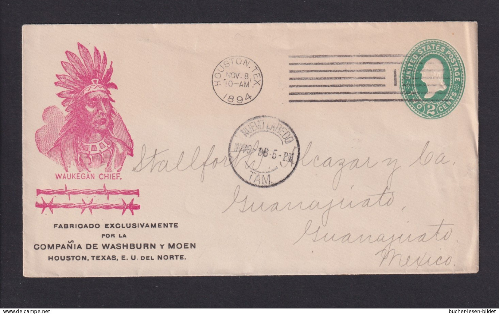 1894 - 2 C. Ganzsache Mit Abbildung "Waukegan Chief" - Ab Houston Nach Mexico - Indianer