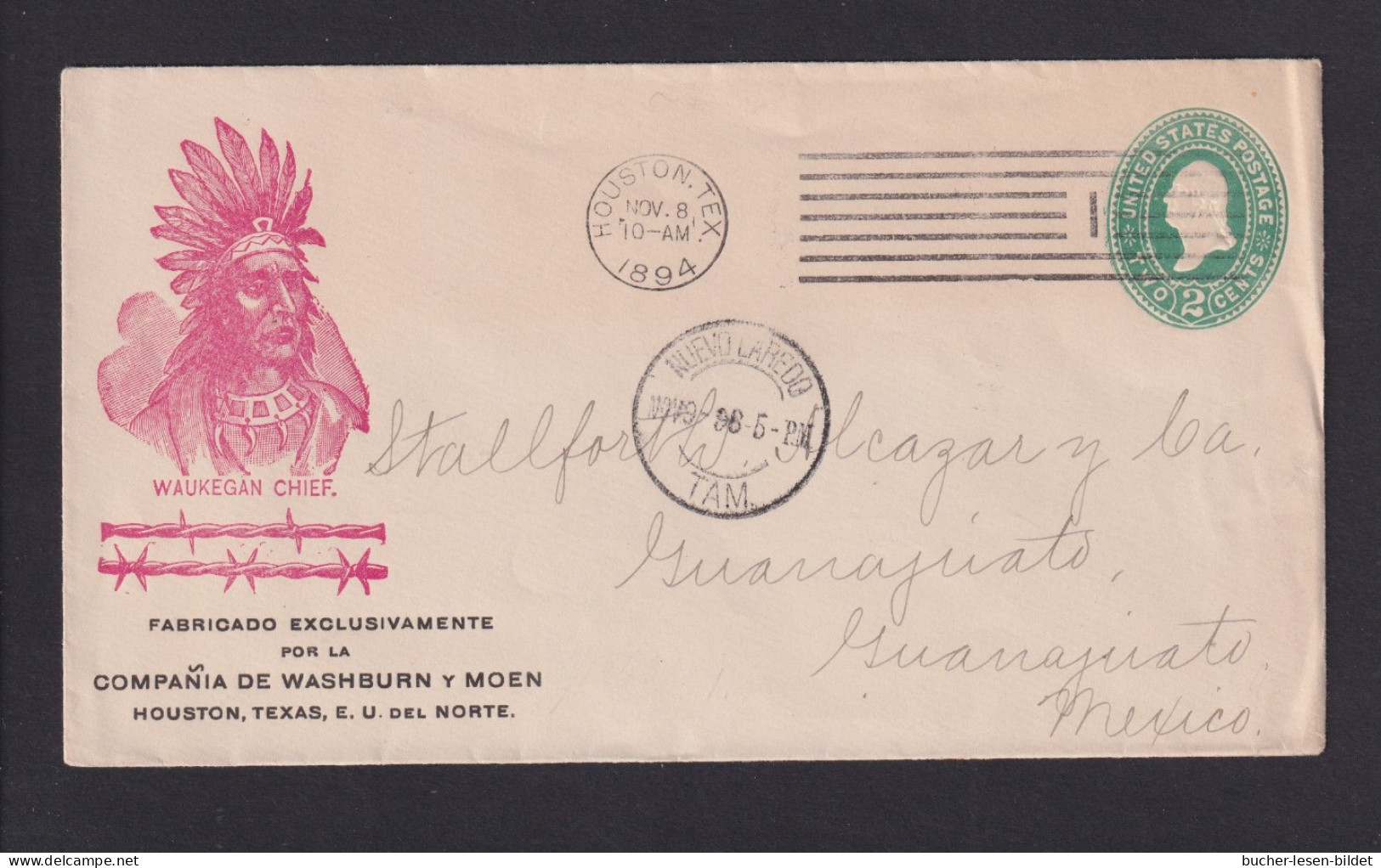 1894 - 2 C. Ganzsache Mit Abbildung "Waukegan Chief" - Ab Houston Nach Mexico - Indios Americanas