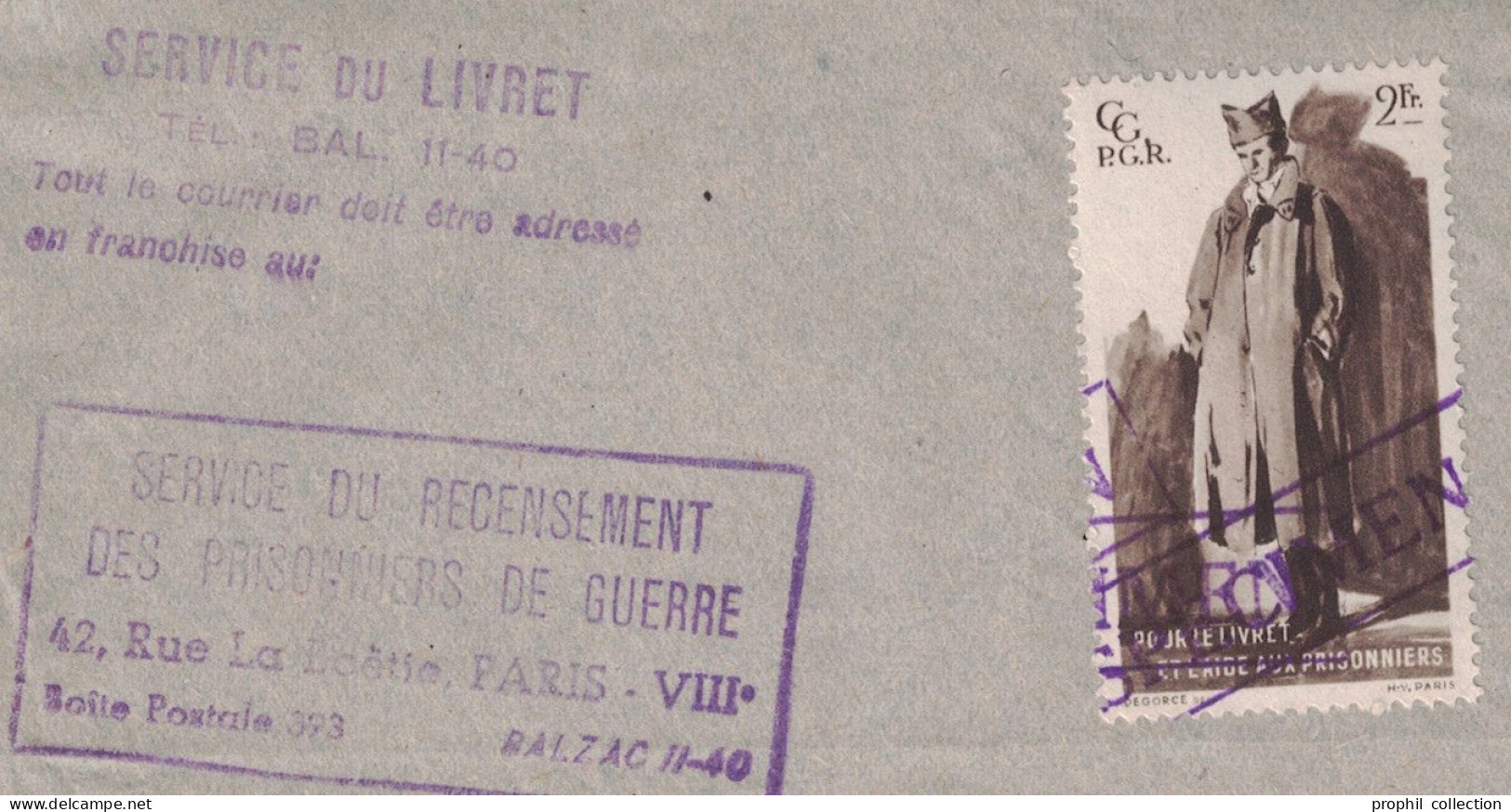 VIGNETTE POUR LE LIVRET ET L'AIDE AUX PRISONNIERS SUR FEUILLET SERVICE DU LIVRET Avec GRIFFE SPÉCIMEN + CACHET ROUGE - Vignettes Militaires