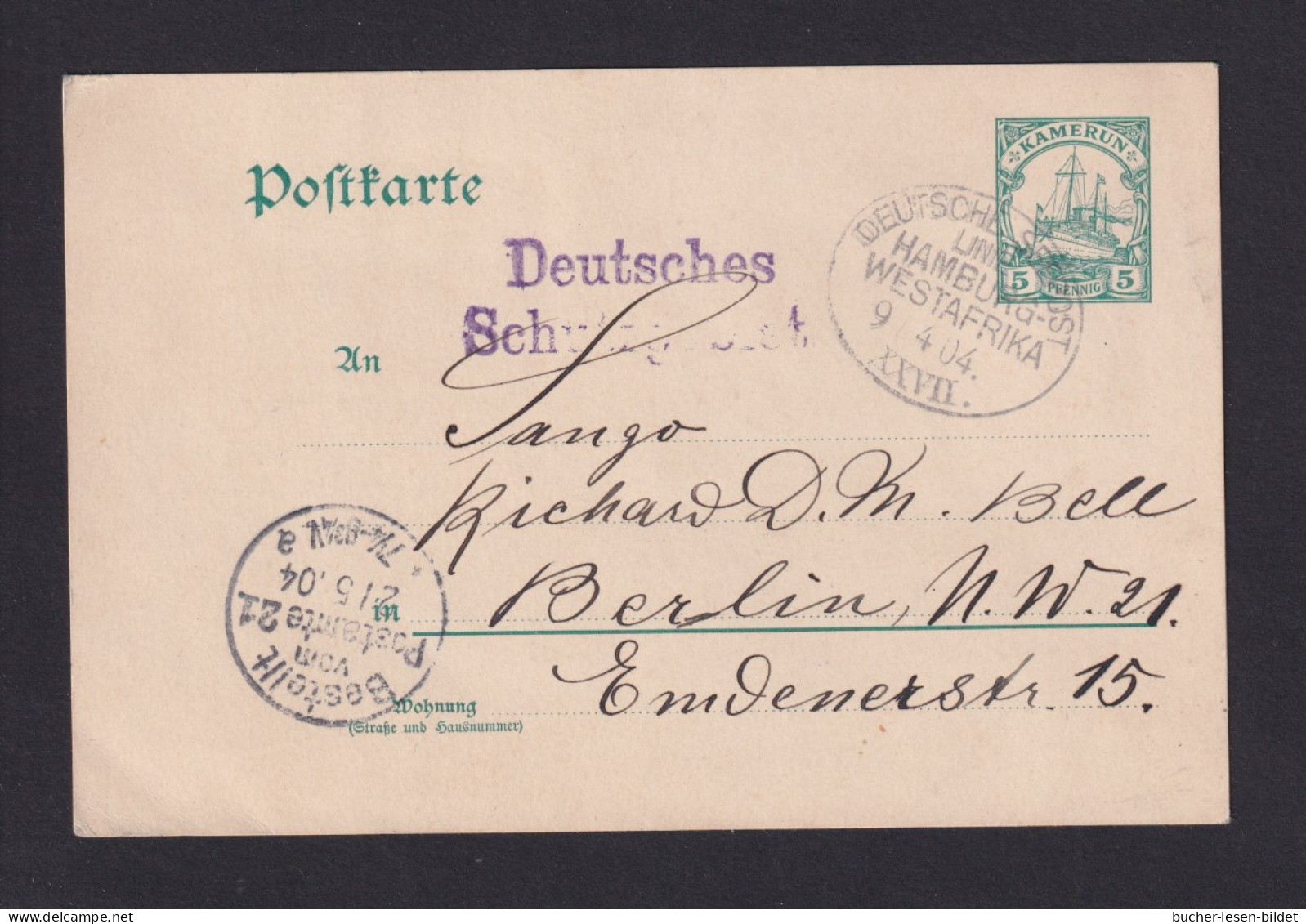 1904 - 5 Pf. Ganzsache Aus Duala Mit Seepost-Aufgabestempel Nach Berlin - Camerún