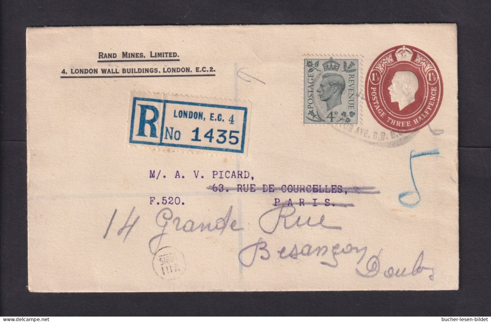 1939 - 1 1/2 P. Privat-Ganzsache Als Einschreiben Ab London Nach Frankreich, Dort Nachgesandt - Brieven En Documenten