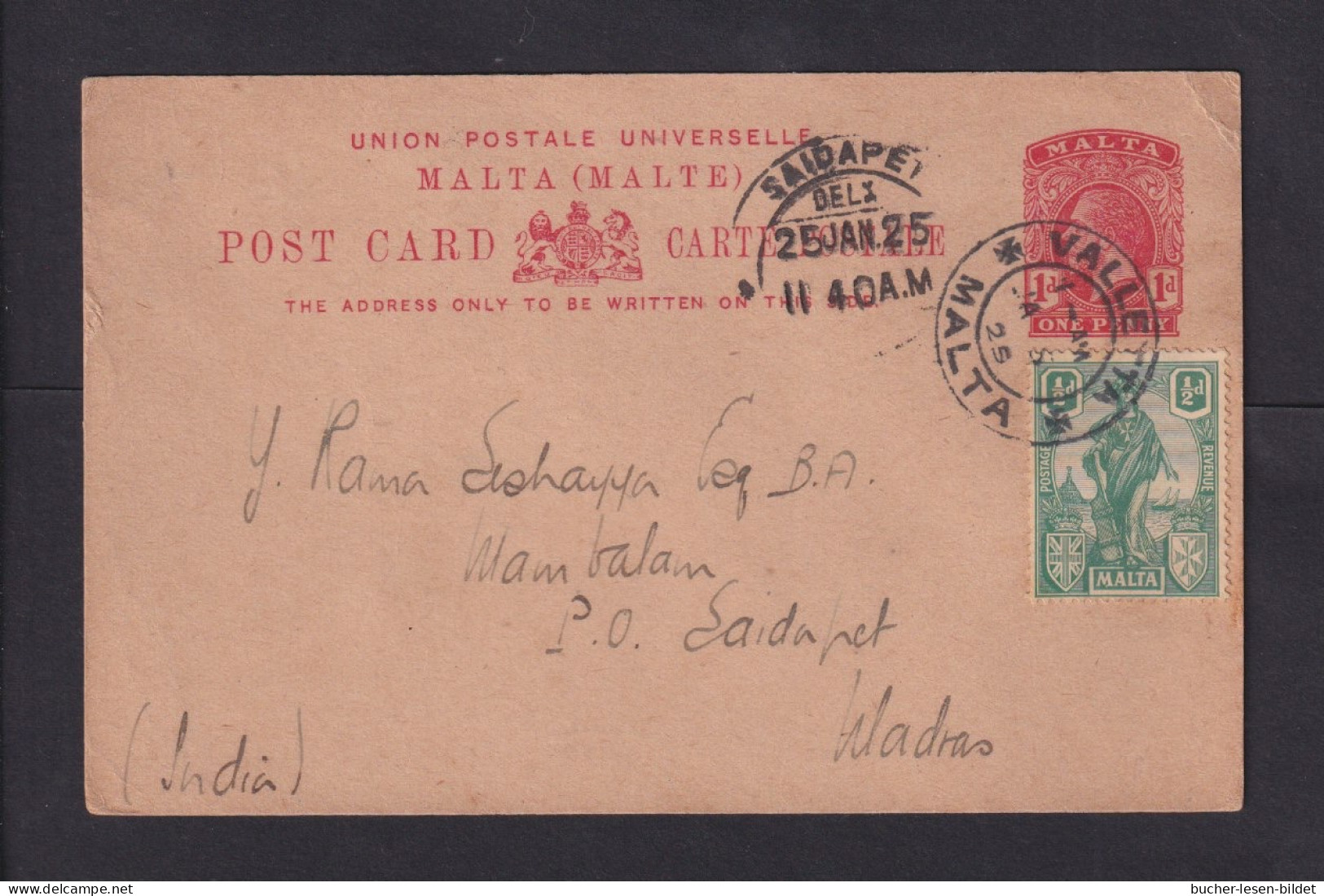 1929 - 1 P. Ganzsache Mit Zufrankatur Ab Valletta Nach INDIEN - Malta