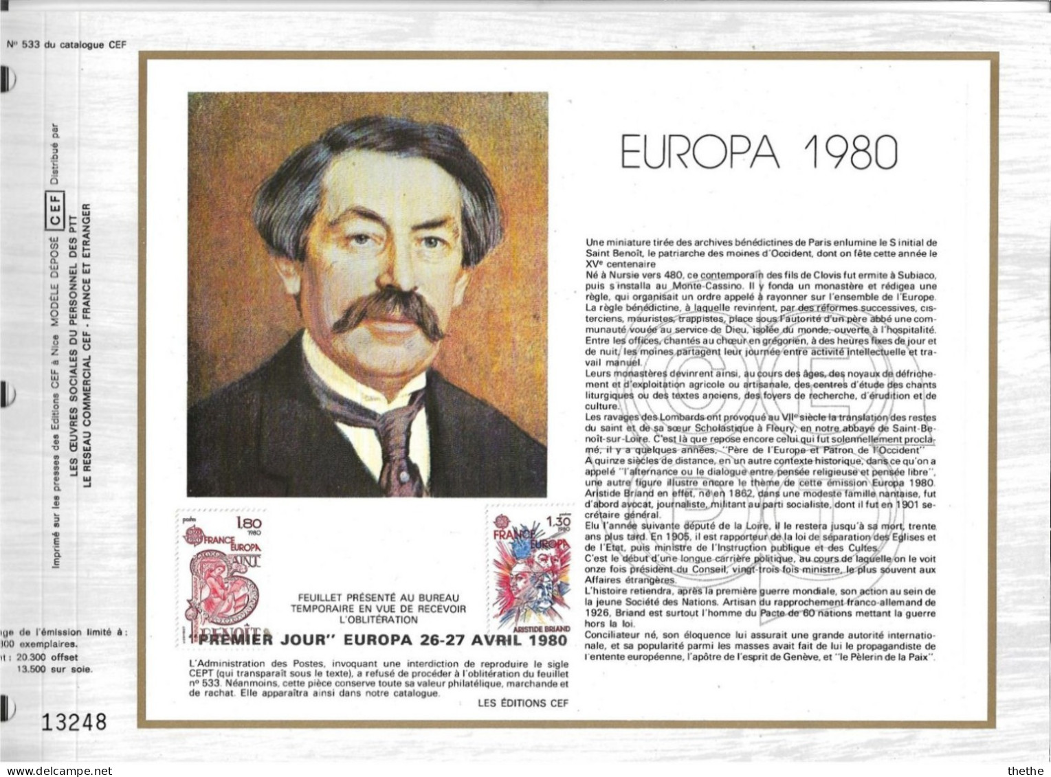 FRANCE - EUROPA  26-27 Avril 1980 - Aristide Briand - Saint Benoit , Patron De L'Europe - N° 533 Du Catalogue CEF - 1980-1989