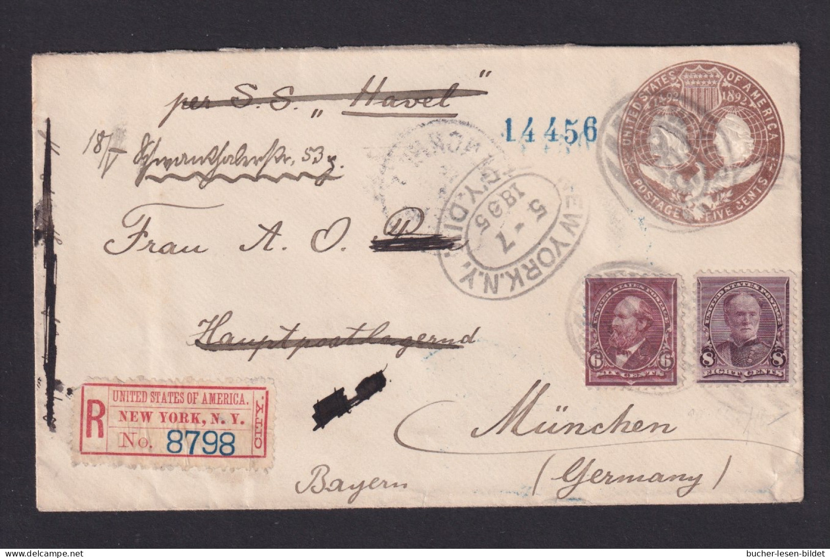 1895 - 5 C. Ganzsache Mit 6 Und 8 C. Zufrankiert - EInschreiben Ab New York Nach München, Dort Nachgesandt - Cartas & Documentos