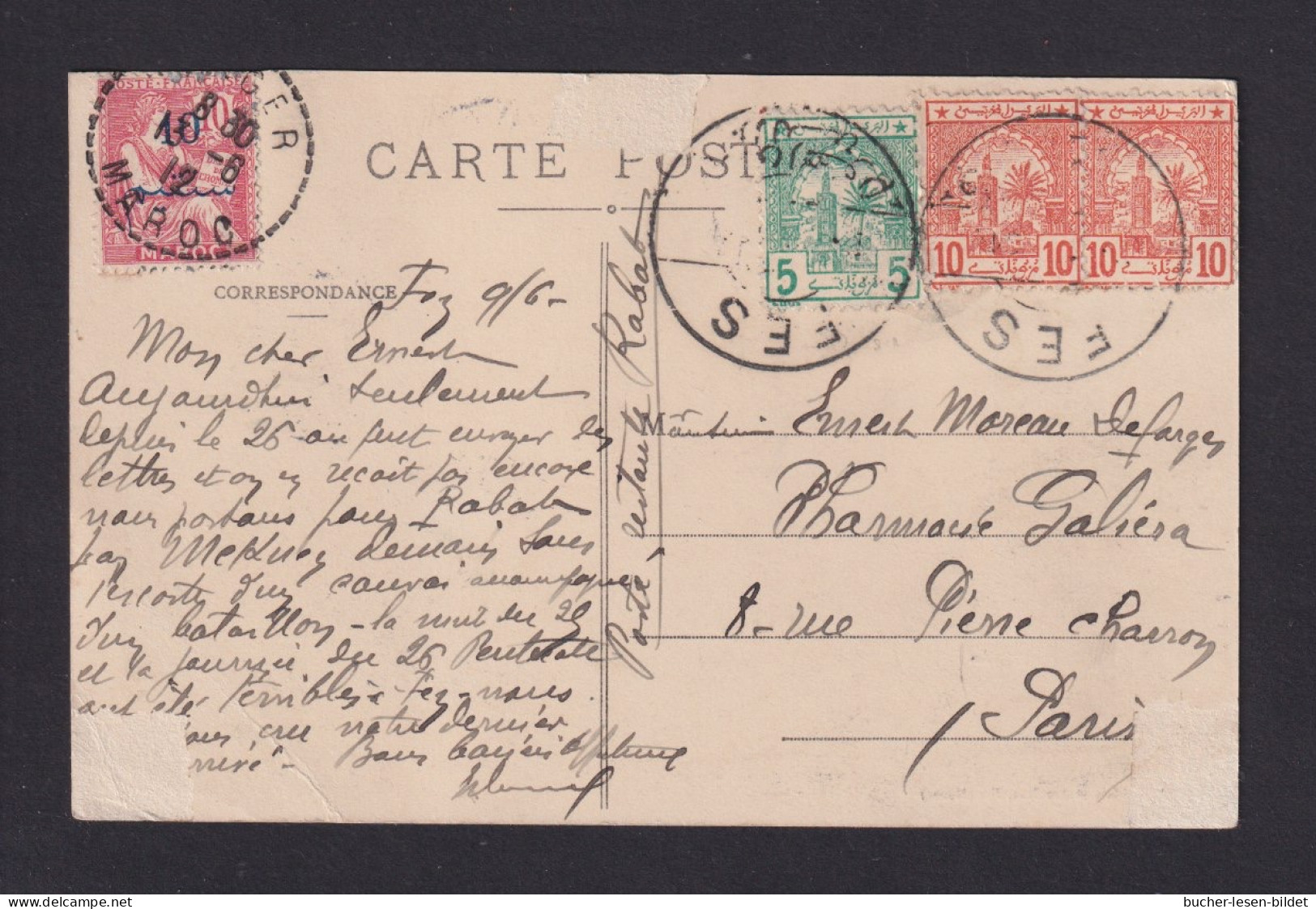 5 C. Und 2x 10 C. Lokalpost Auf Karte Ab FEZ Via Franz. Post Tanger Nach Paris - Marruecos (1956-...)