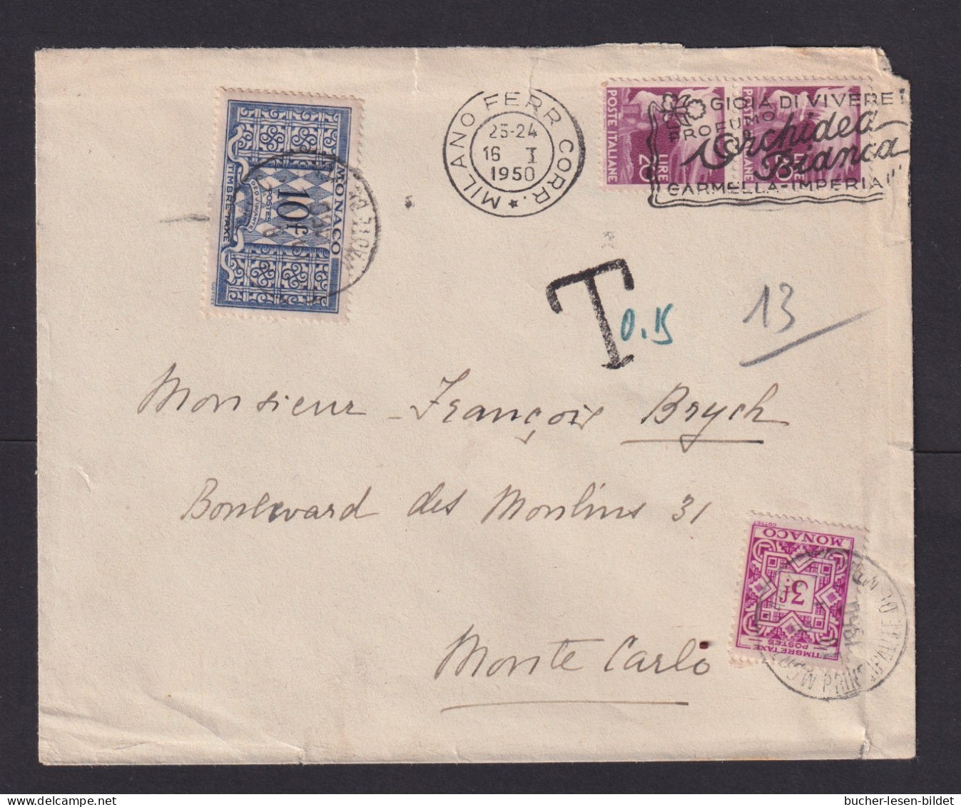 3 Und 10 F. Portomarken Auf Brief Ab Milano Nach Monte Carlo - Lettres & Documents