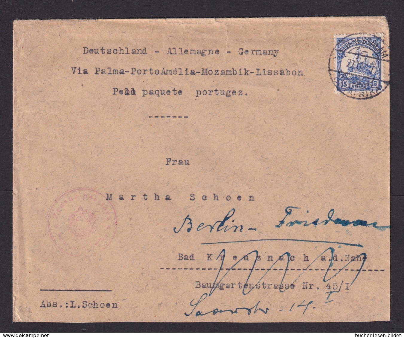 1916 - 15 H. Auf Brief Ab Daressalam Nach Deutschland - Zensur, Ankunft-o 09.1919 - ÜBERROLLER - Zustellung Nach Krieg!! - Afrique Orientale