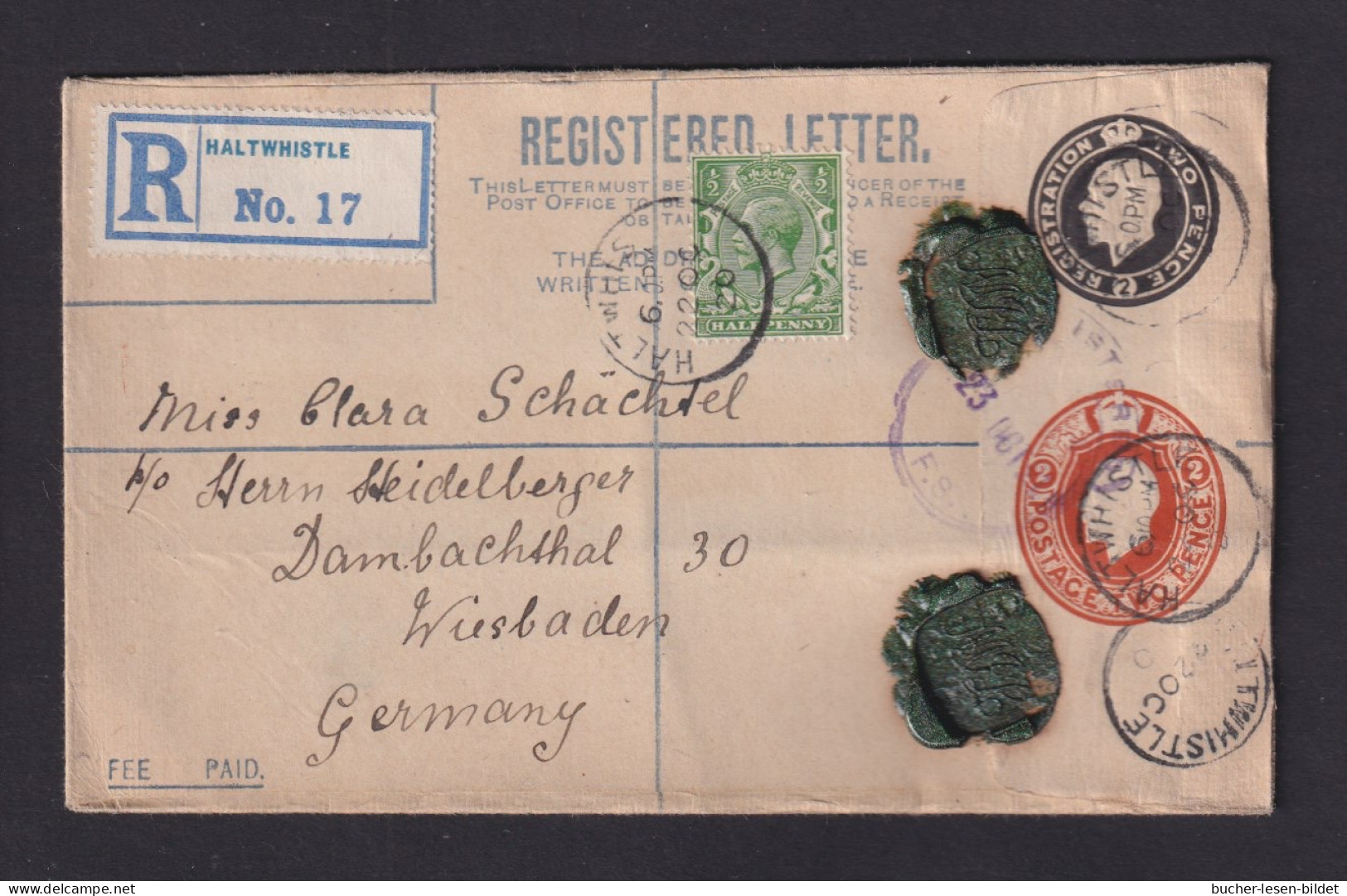 1920 - 2 Unter 2 P. Einschreib-Ganzsache Mit Zufrankatur Ab HALTWHISTLE Nach Wiesbaden - Brieven En Documenten