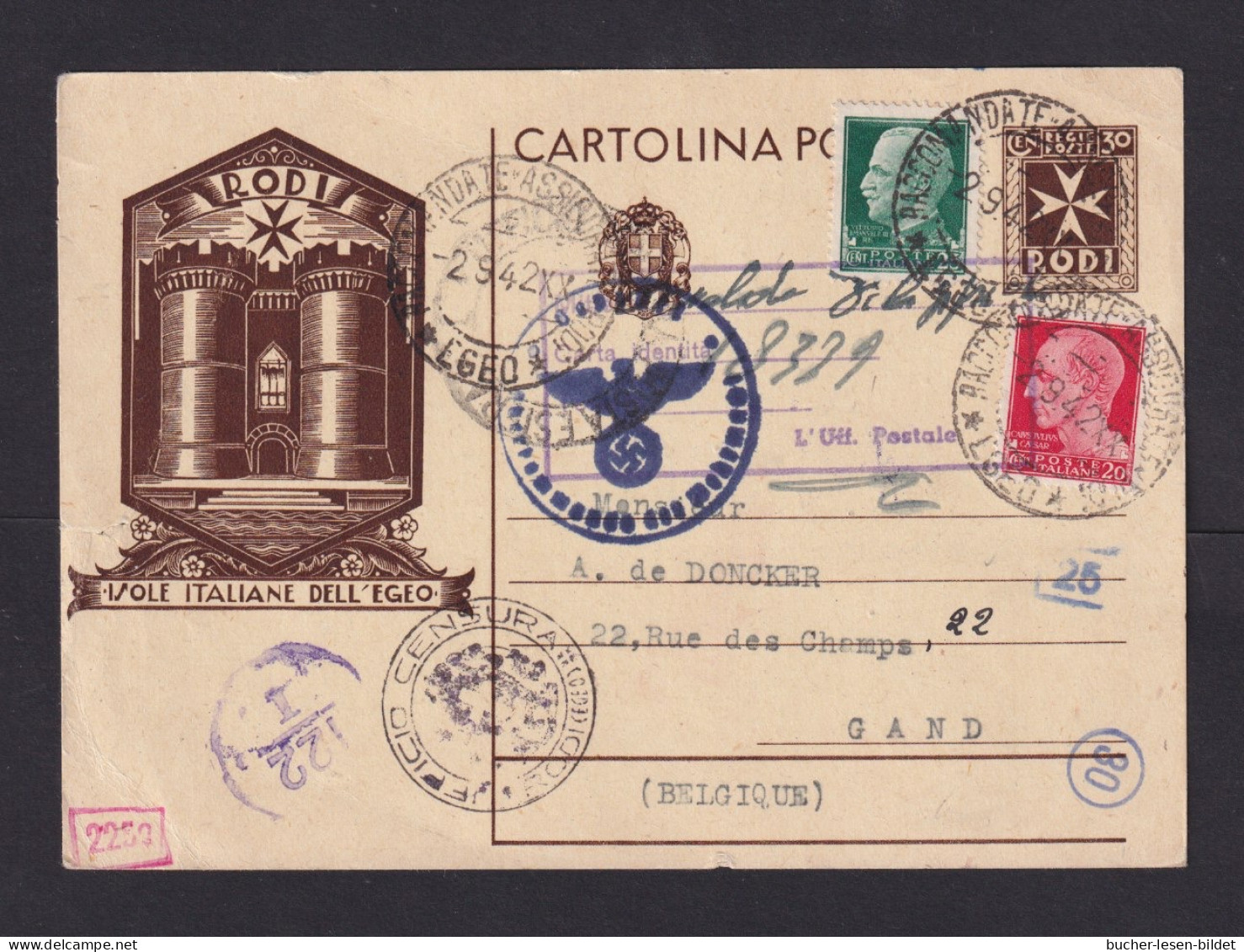 1942 - 30 C. Rodi-Ganzsache Mit Italien-Zufrankatur Ab Egeo Nach Belgien - Zensuren - Islas Jónicas