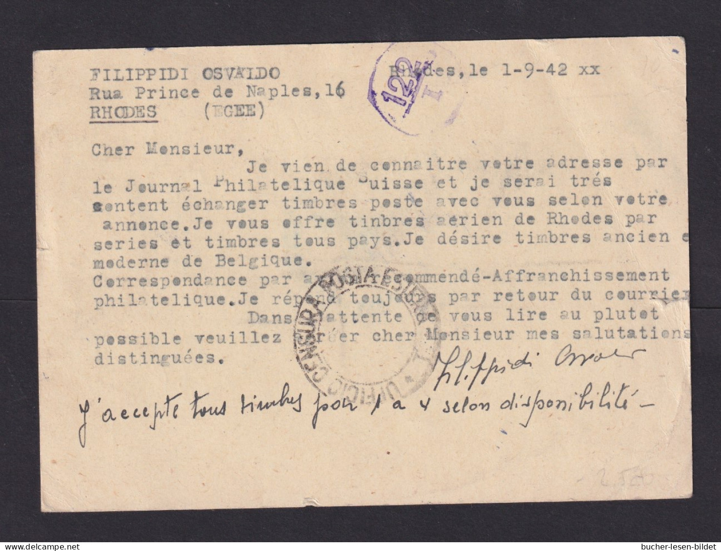 1942 - 30 C. Rodi-Ganzsache Mit Italien-Zufrankatur Ab Egeo Nach Belgien - Zensuren - Isole Ionie