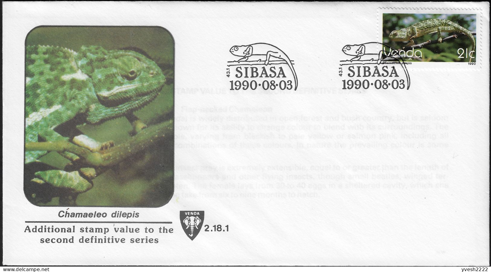 Venda 1990 Y&T 208 Sur FDC. Chamaeleo Dilepis, Le Caméléon Bilobé - Other & Unclassified