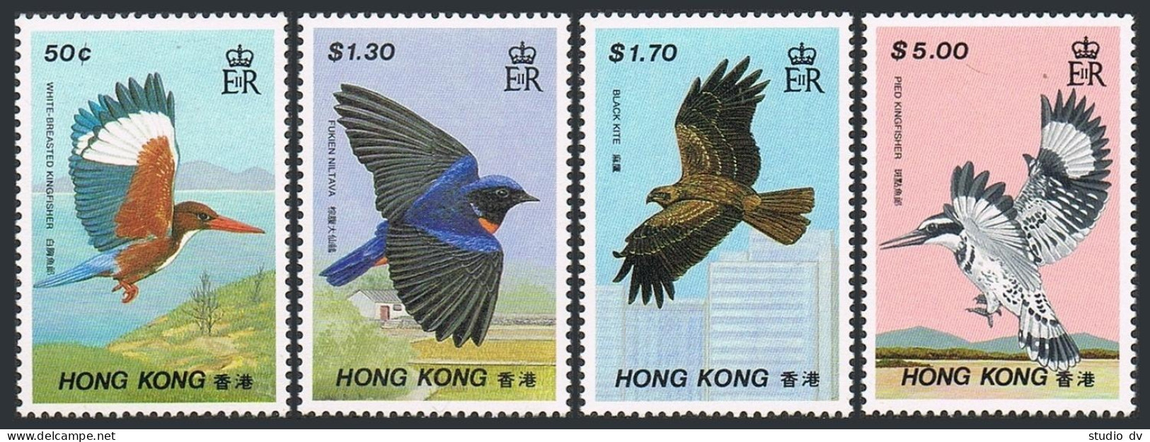 Hong Kong 519-522, MNH. Michel 536-539. Birds 1988. Kingfishers, Niltava, Kite. - Nuovi