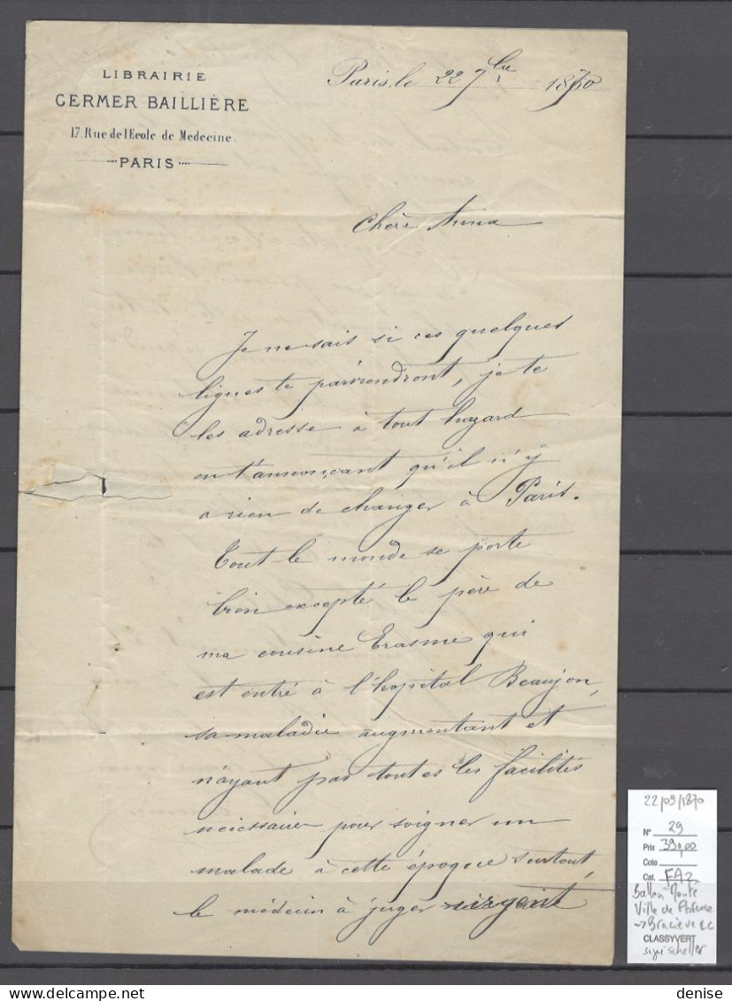 France - Ballon Monté LE VILLE DE FLORENCE - 22/09/1870 - Pour Bracieux - SIGNE SCHELLER - Krieg 1870