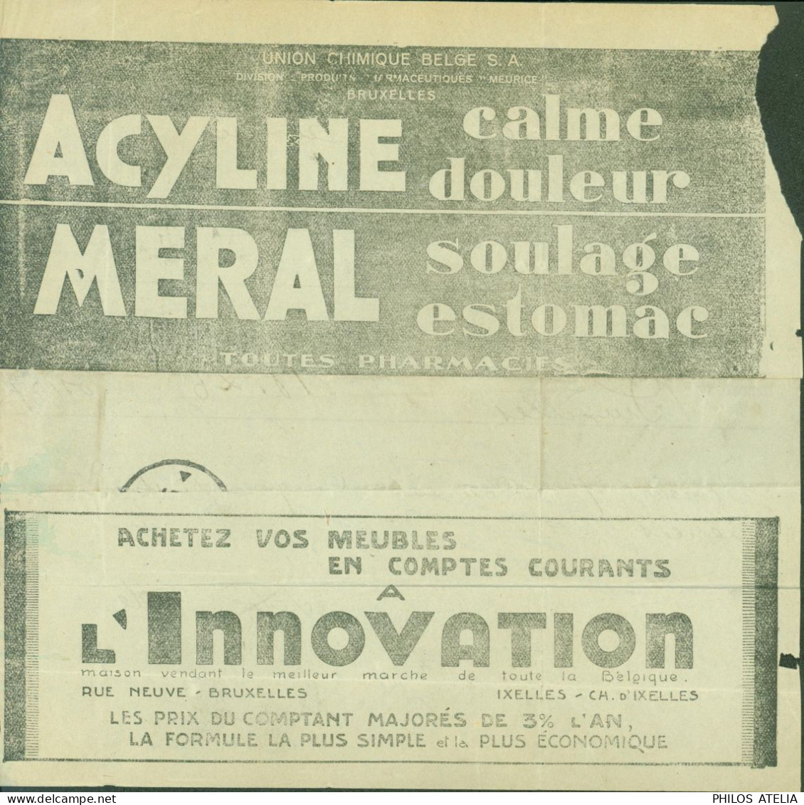 Télégramme Avec Publicité Acyline Meral Union Chimique Belge Et L'innovation Meuble CAD Tamines 1931 - Telegramme