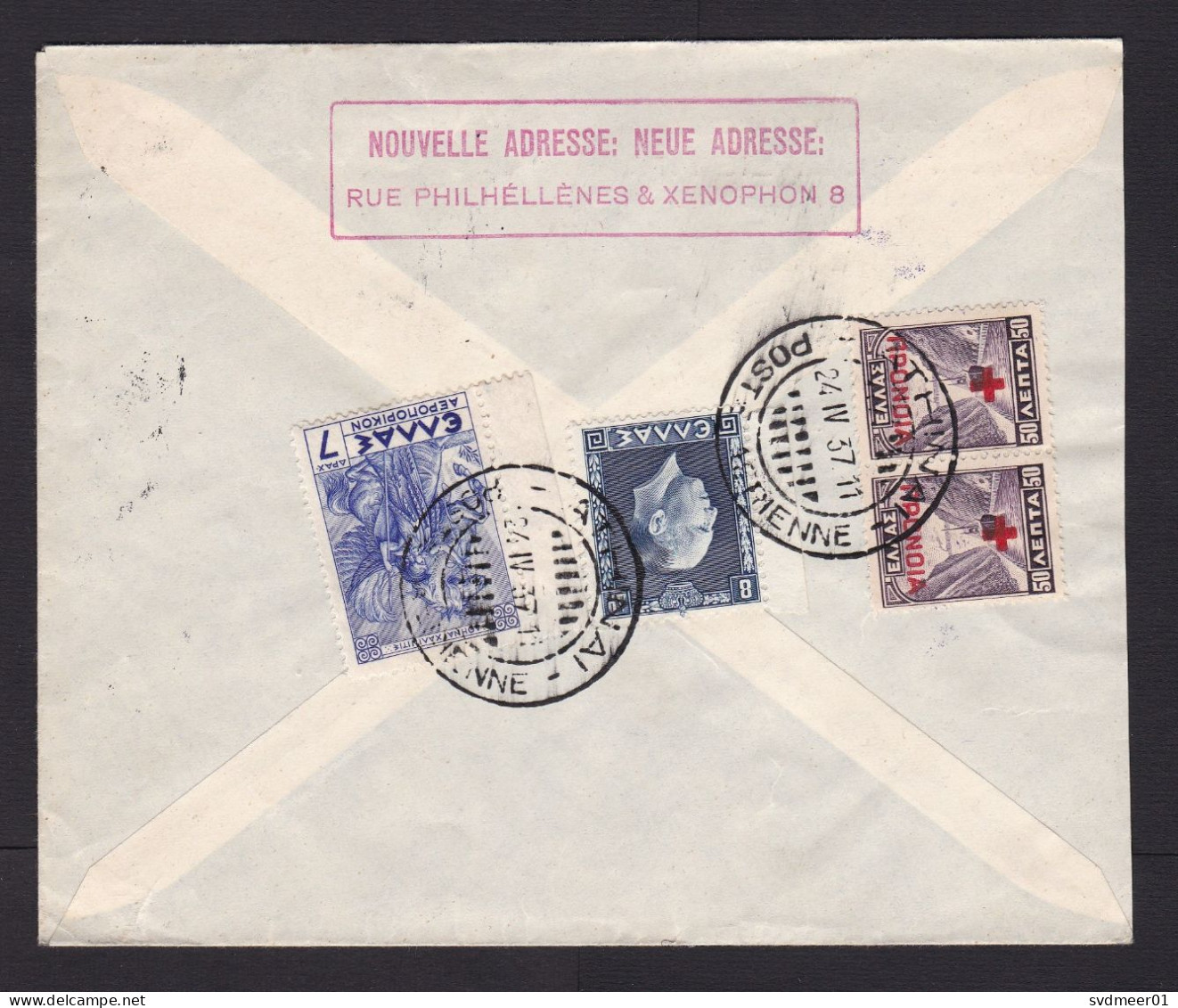 Greece: Airmail Cover To Germany, 1937, 4 Stamps, Overprint Red Cross, Purple Bar Jusqu'a Air Cancel (traces Of Use) - Lettres & Documents