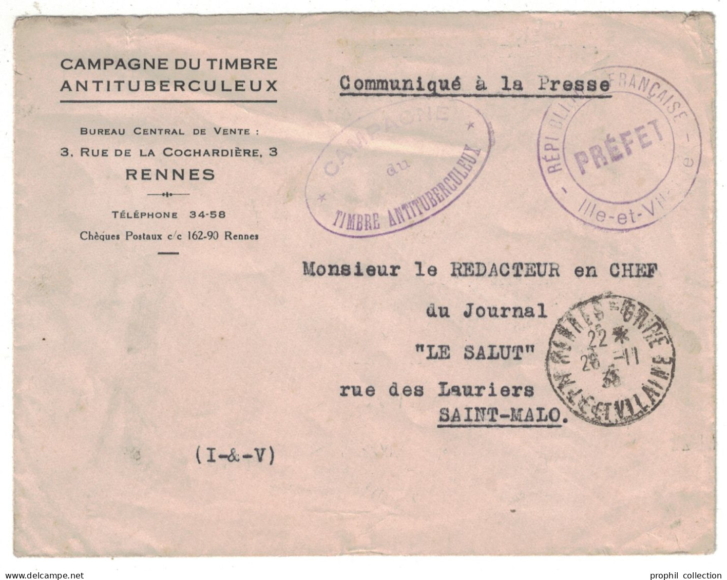 CAMPAGNE Du TIMBRE ANTITUBERCULEUX : LOT Avec ENVELOPPE 1935 À ENTETE CACHET PRÉFÉT ILLE ET VILAINE + DIRECTIVES PAPIER - Antitubercolosi