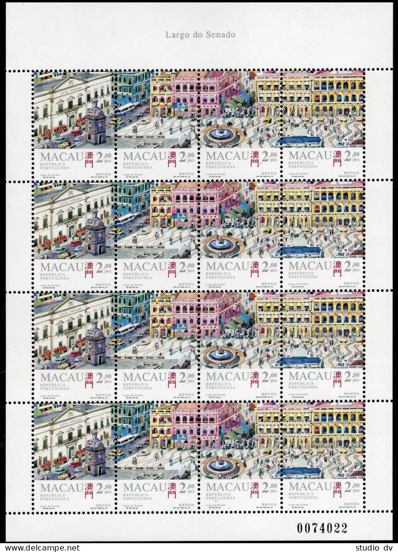 Macao 776-779a Sheet, MNH. Mi 804-807. Senado Square,1995. Bell Tower,buildings. - Nuevos