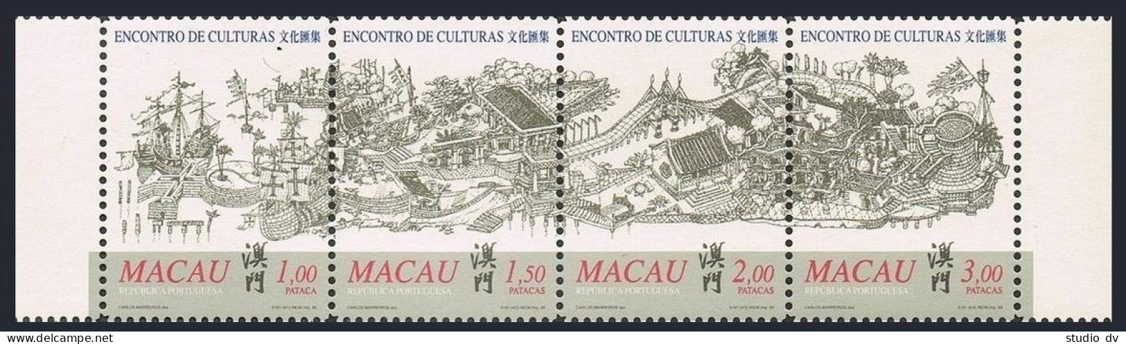 Macao 1008 Ad Strip,1009,1009a Overprinted,MNH. Ships,Building,Bridge.1999. - Neufs