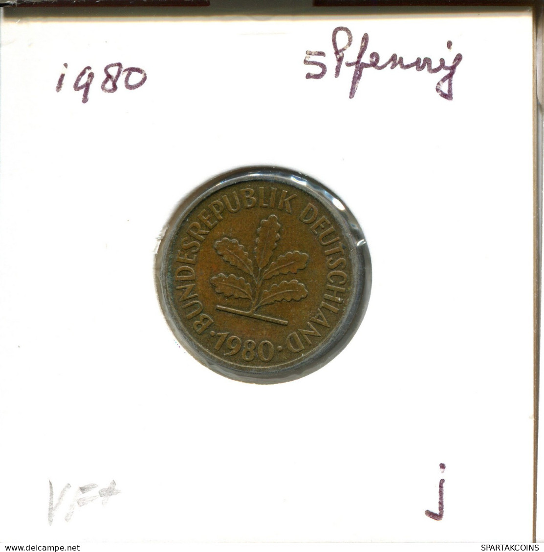 5 PFENNIG 1980 J BRD ALEMANIA Moneda GERMANY #DA989.E.A - 5 Pfennig