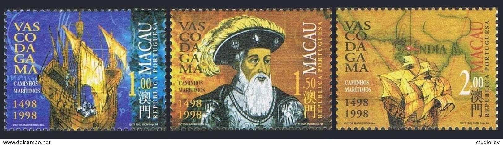 Macao 943-945a Strip, 946, 946a Overprinted, MNH. Vasco Da Gama, 1498-1998. - Ongebruikt