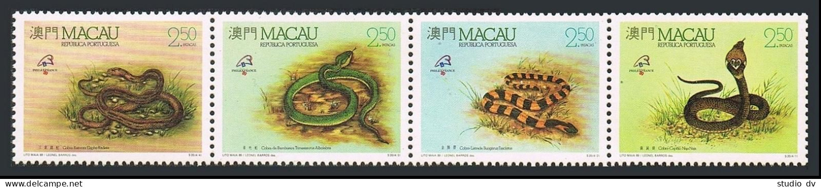 Macao 592-595a Strip,MNH.Michel 620-623. Snakes 1989. - Ungebraucht