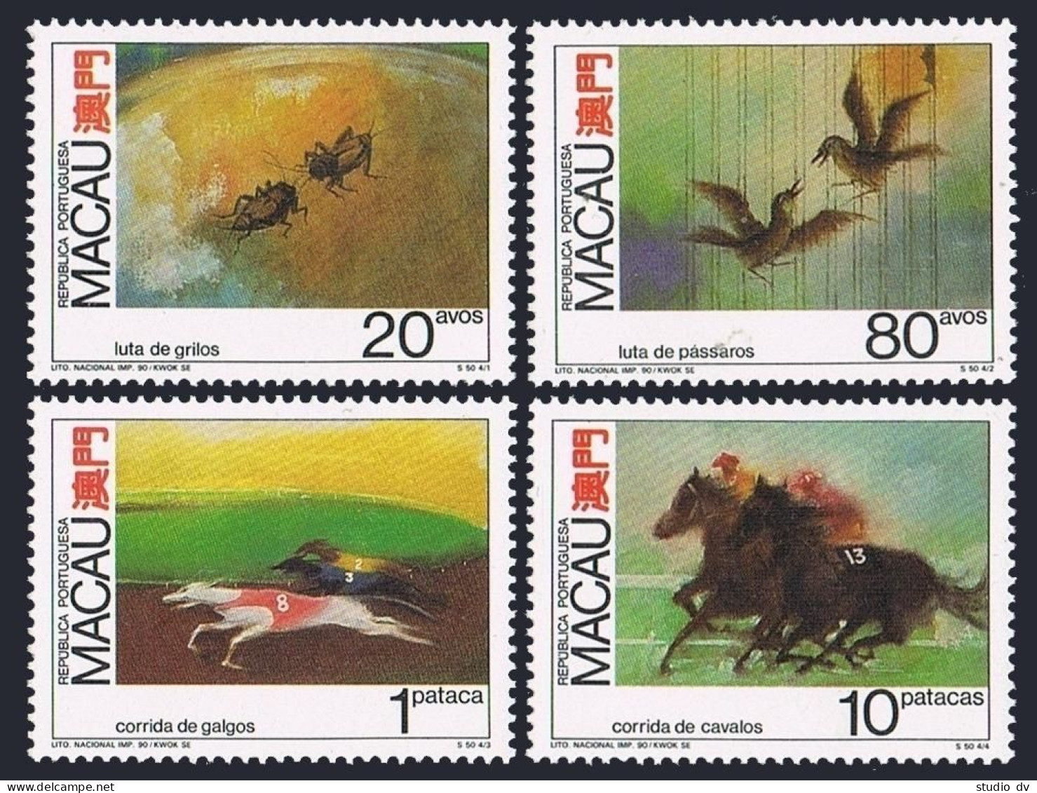 Macao 635-638,MNH. Mi 663-666. Games With Animals 1990. Cricket,Bird, Horse Race - Ungebraucht