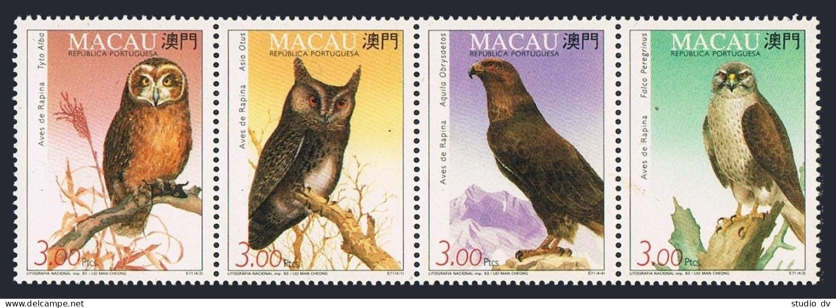 Macao 699-702a Strip, MNH. Michel 727-730. Birds 1993. Falcon, Aquila, Owls. - Unused Stamps