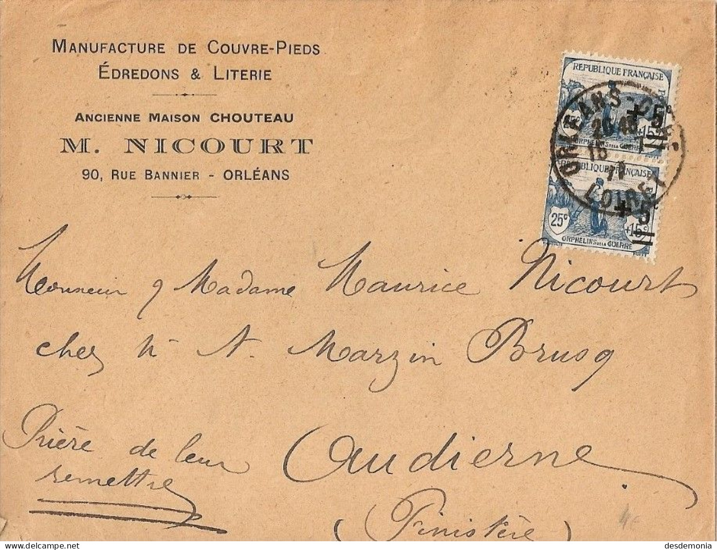 France Yvert 165 Osl Orphelin Surchargé 25cts+5/15/cts Paire Sur Lettre Du 15.7.? D'Orléans - Postal Rates