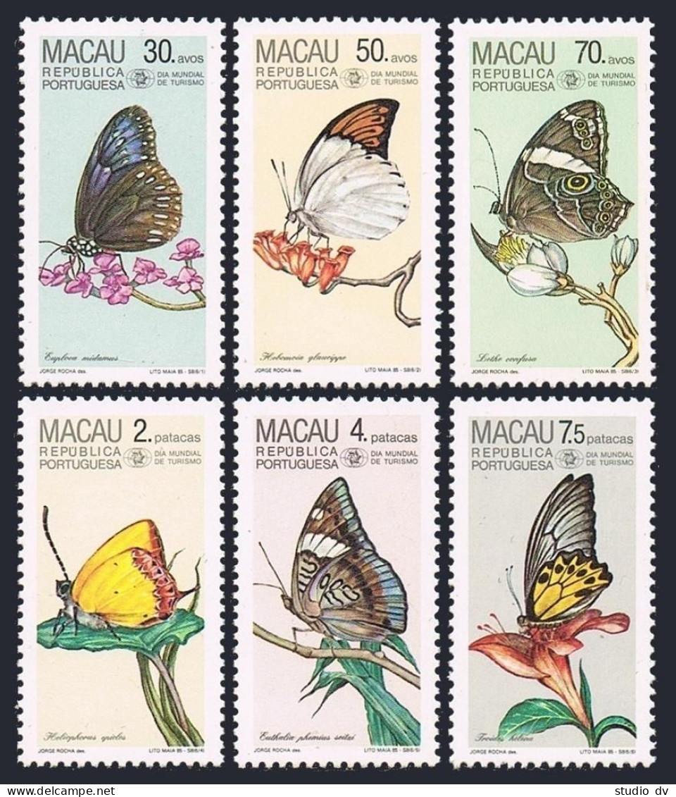 Macao 512-517,517a,MNH.Michel 540-545,Bl.3. World Tourist Day 1985.Butterflies. - Ungebraucht
