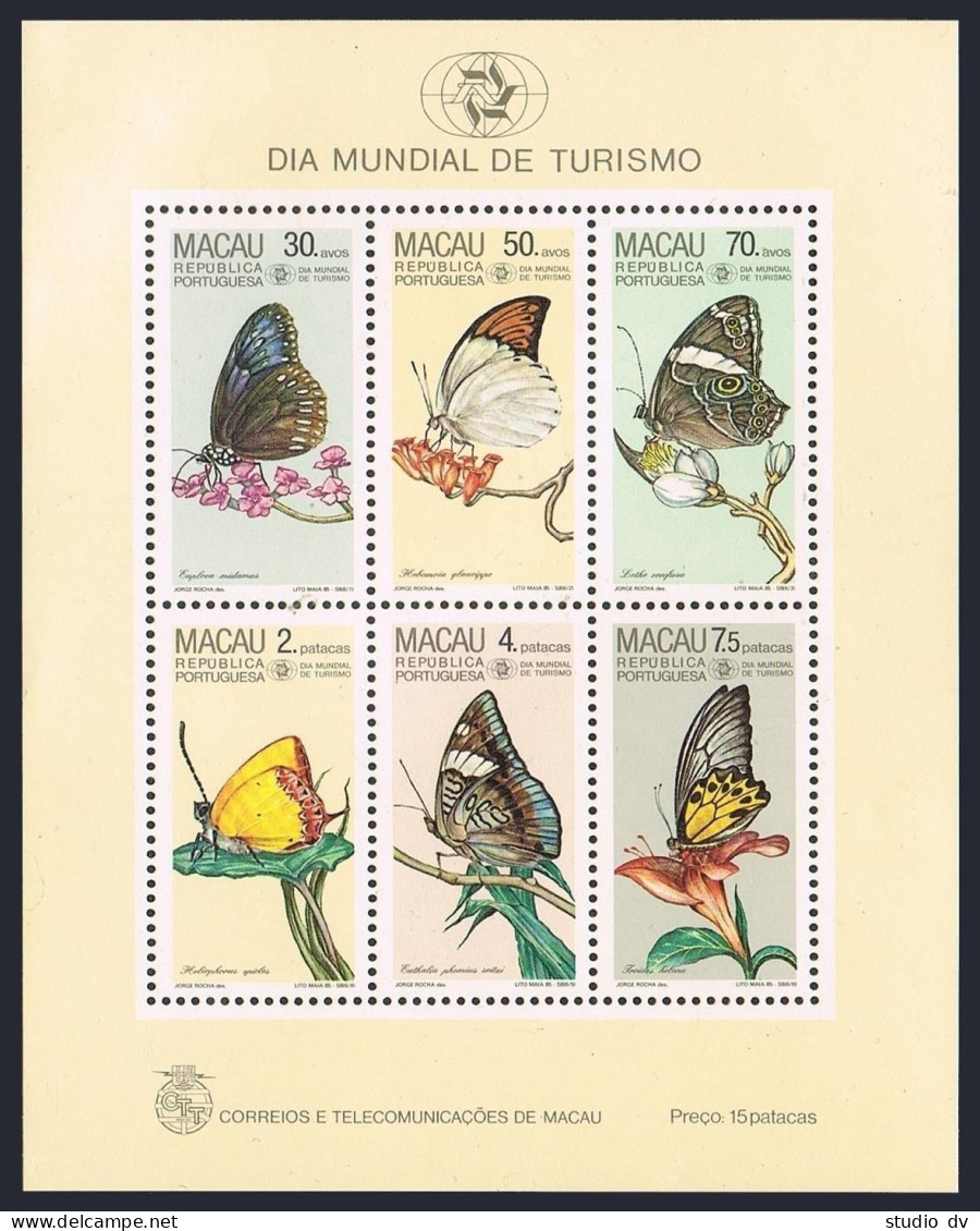 Macao 512-517,517a,MNH.Michel 540-545,Bl.3. World Tourist Day 1985.Butterflies. - Ungebraucht