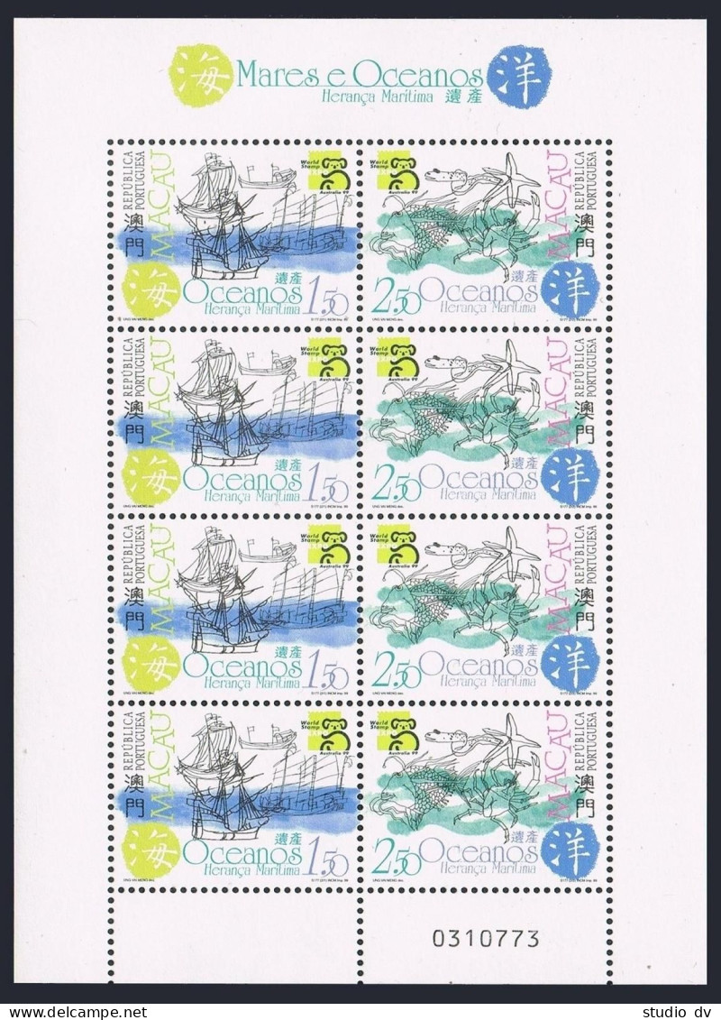 Macao 976-977 Sheet,978,978a,MNH. Maritime Heritage 1999.Ships,Shells,Whale,Fish - Ongebruikt