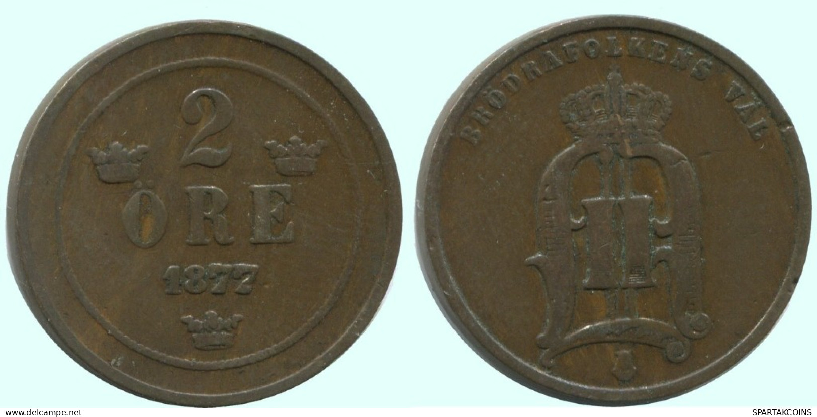 2 ORE 1877 SWEDEN Coin #AC883.2.U.A - Suède