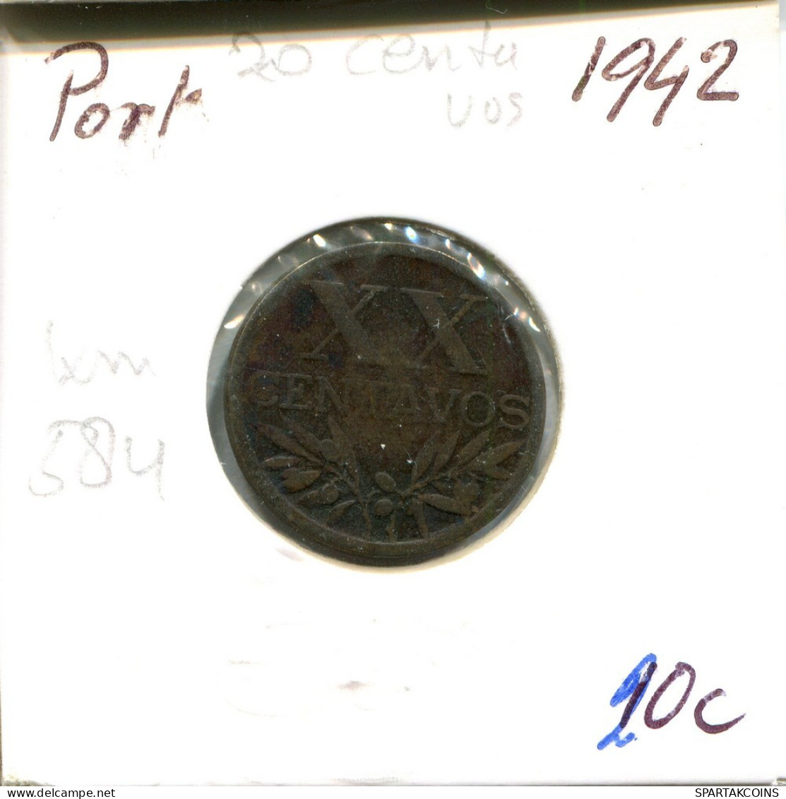 20 CENTAVOS 1942 PORTUGAL Coin #AT273.U.A - Portogallo