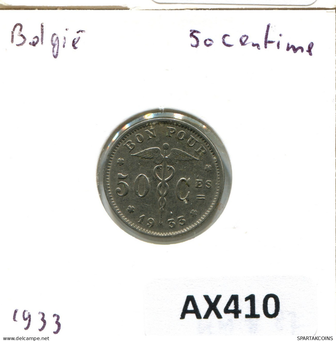 50 CENTIMES 1933 BÉLGICA BELGIUM Moneda FRENCH Text #AX410.E.A - 50 Cents