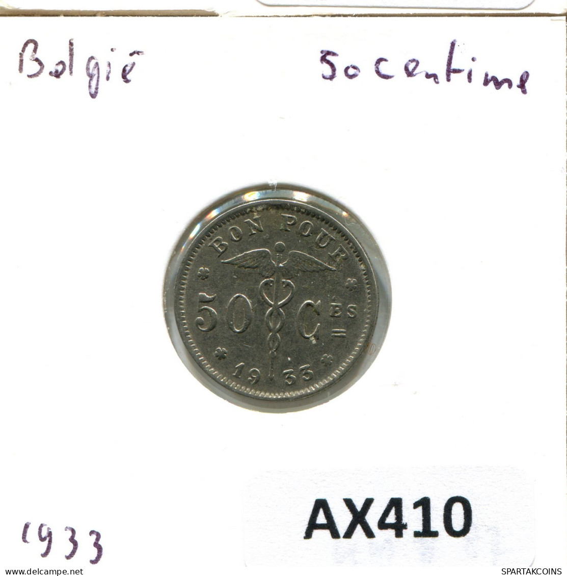 50 CENTIMES 1933 BÉLGICA BELGIUM Moneda FRENCH Text #AX410.E.A - 50 Centimes