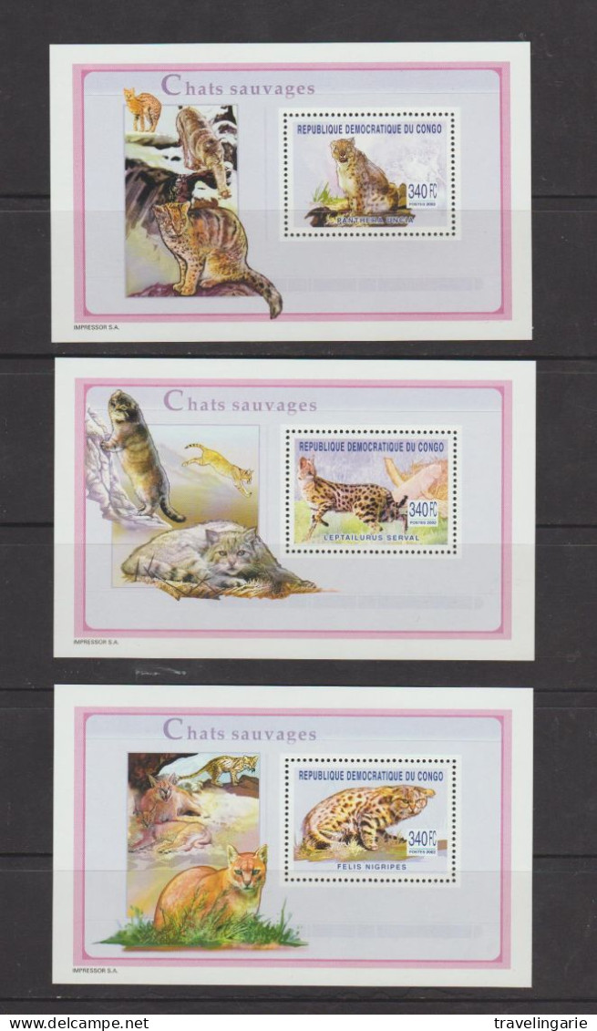 Democratic Republic Of Congo 2003 Wild Cats Set Of 3 Blocs MNH ** - Nuovi