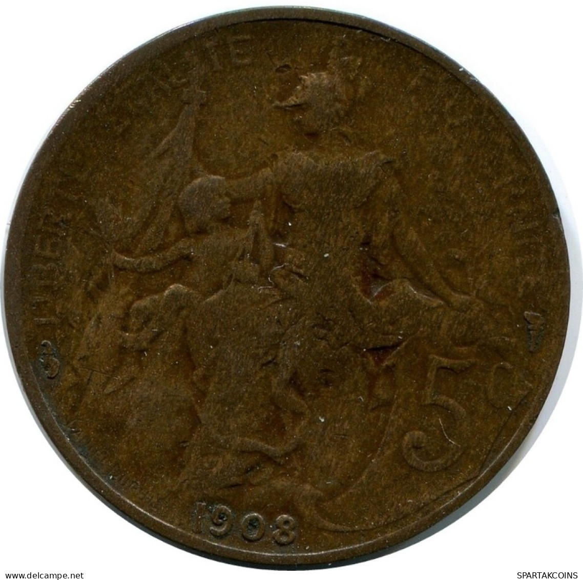 5 CENTIMES 1908 FRANCIA FRANCE Moneda #AM973.E.A - 5 Centimes