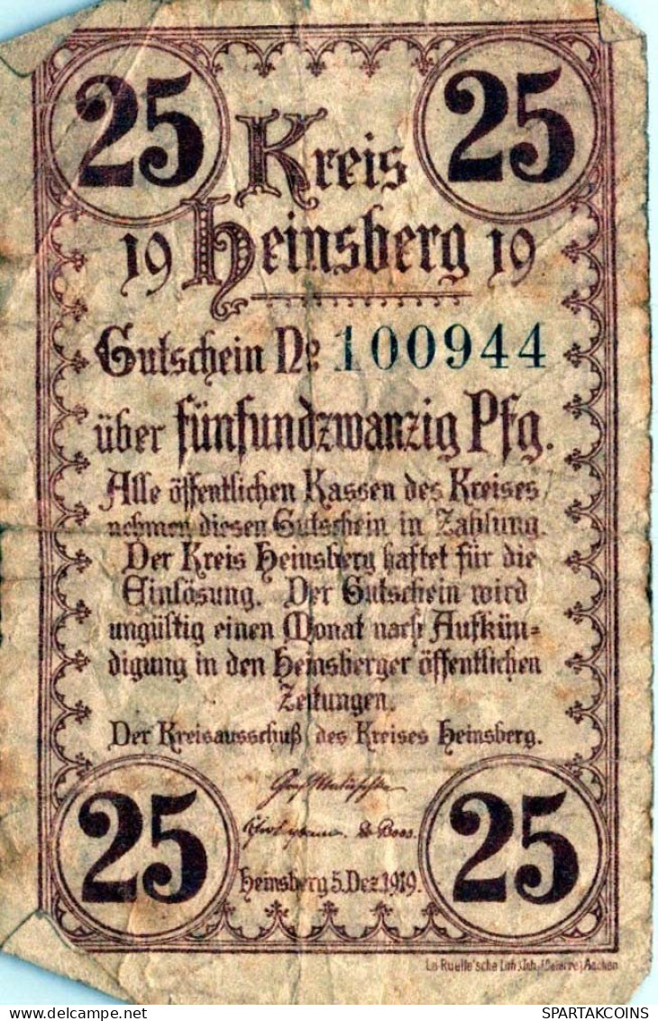 25 PFENNIG 1919 Stadt HEINSBERG Rhine DEUTSCHLAND Notgeld Banknote #PG426 - [11] Emisiones Locales