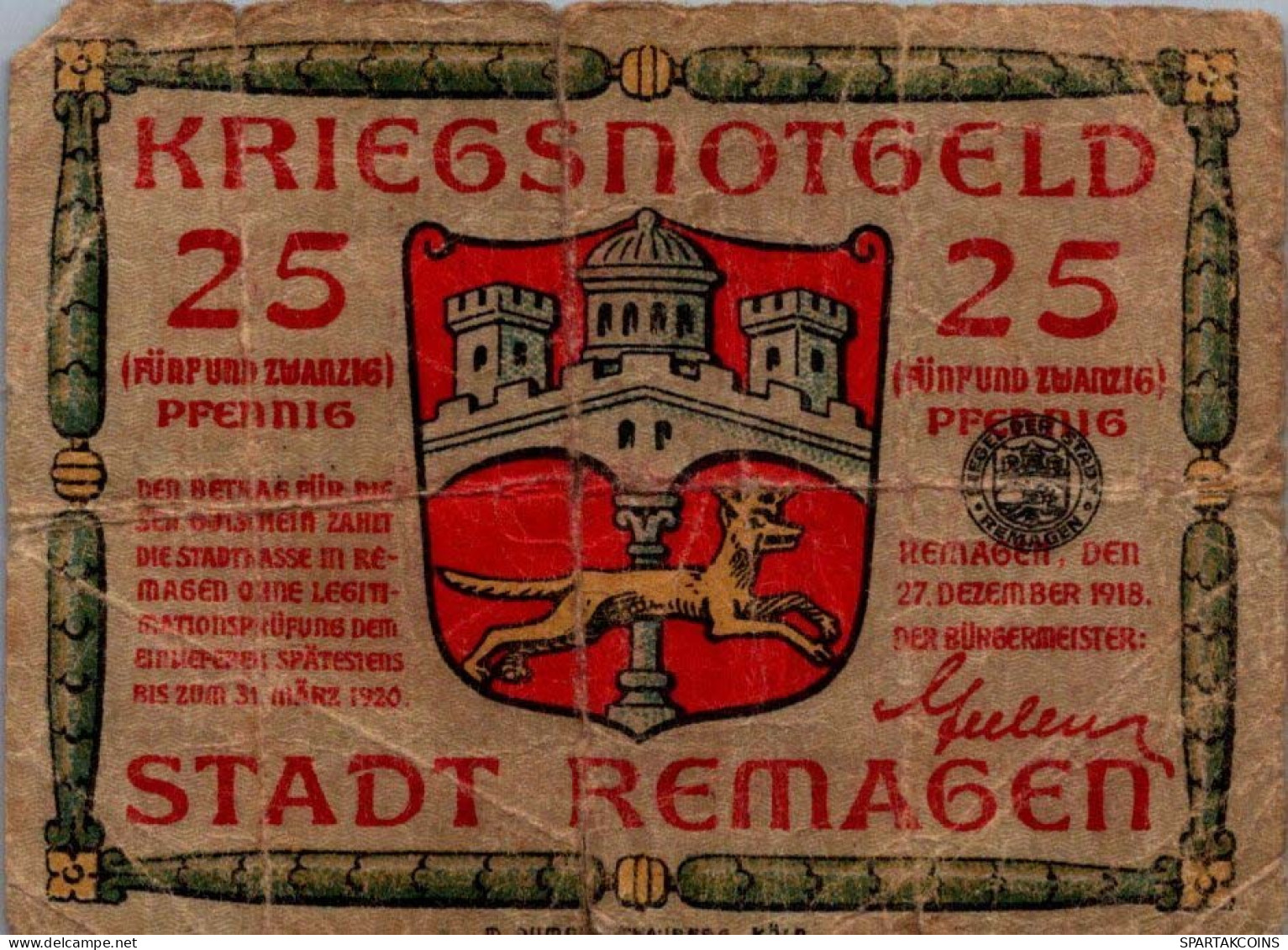 25 PFENNIG 1918 Stadt REMAGEN Rhine UNC DEUTSCHLAND Notgeld Banknote #PJ208 - [11] Emisiones Locales