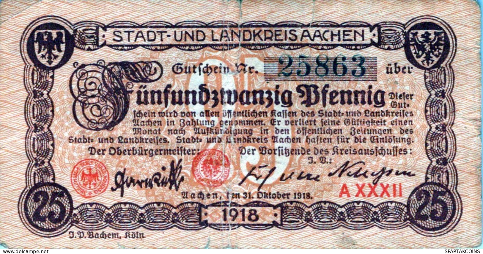 25 PFENNIG 1918 Stadt AACHEN Rhine DEUTSCHLAND Notgeld Banknote #PG024 - [11] Emisiones Locales