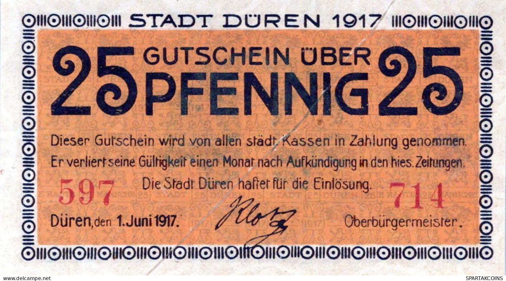 25 PFENNIG 1917 Stadt DÜREN Rhine DEUTSCHLAND Notgeld Banknote #PI142 - [11] Emisiones Locales