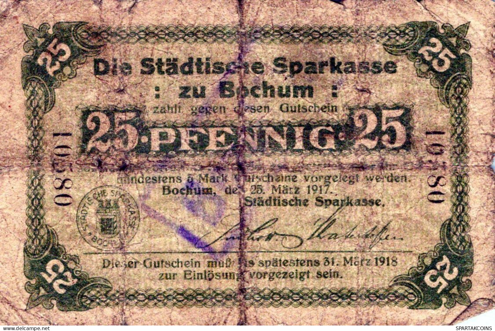 25 PFENNIG 1917 Stadt BOCHUM Westphalia UNC DEUTSCHLAND Notgeld Banknote #PH190 - [11] Emisiones Locales