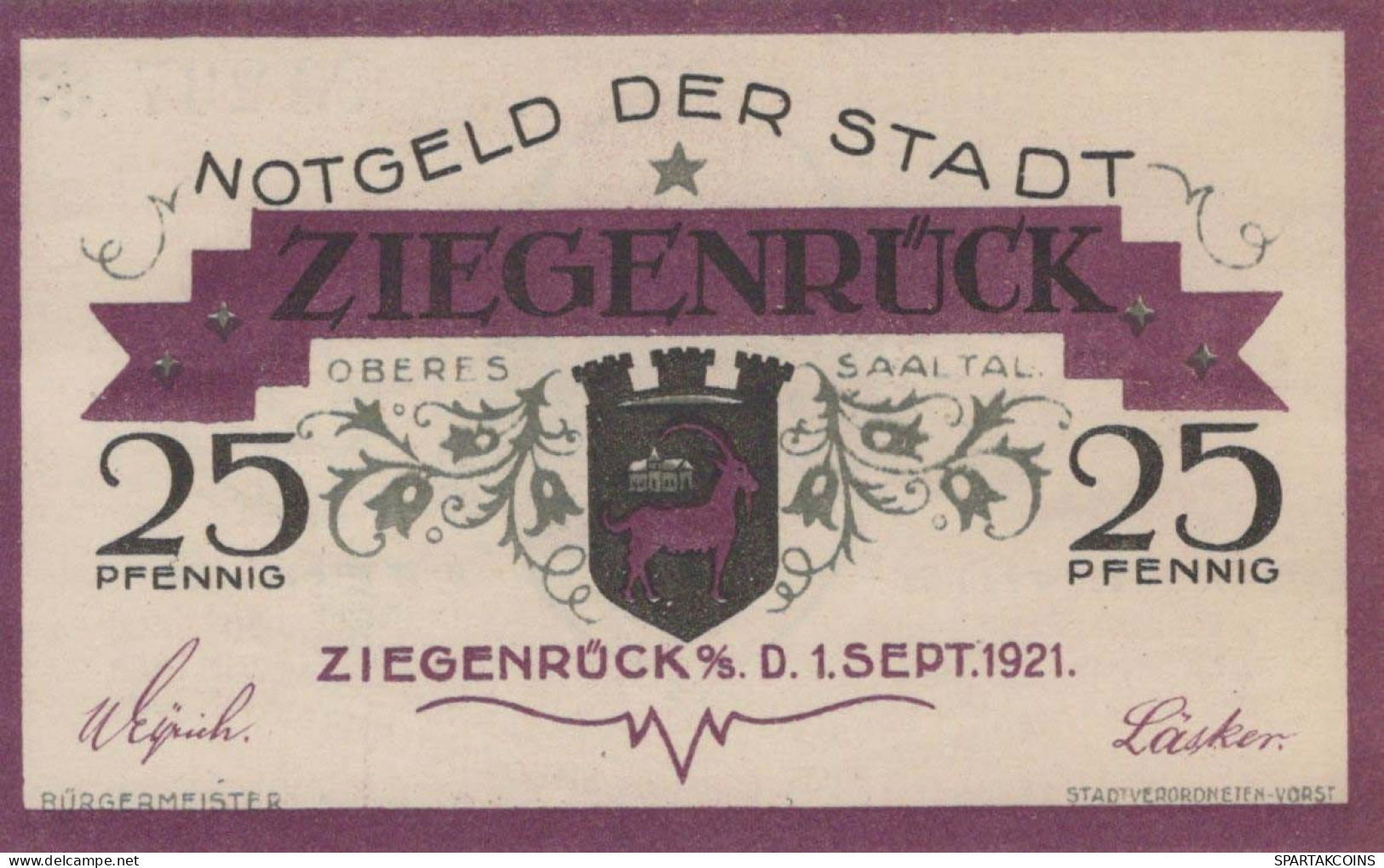 25 PFENNIG 1921 Stadt ZIEGENRÜCK Saxony DEUTSCHLAND Notgeld Banknote #PD448 - [11] Emisiones Locales