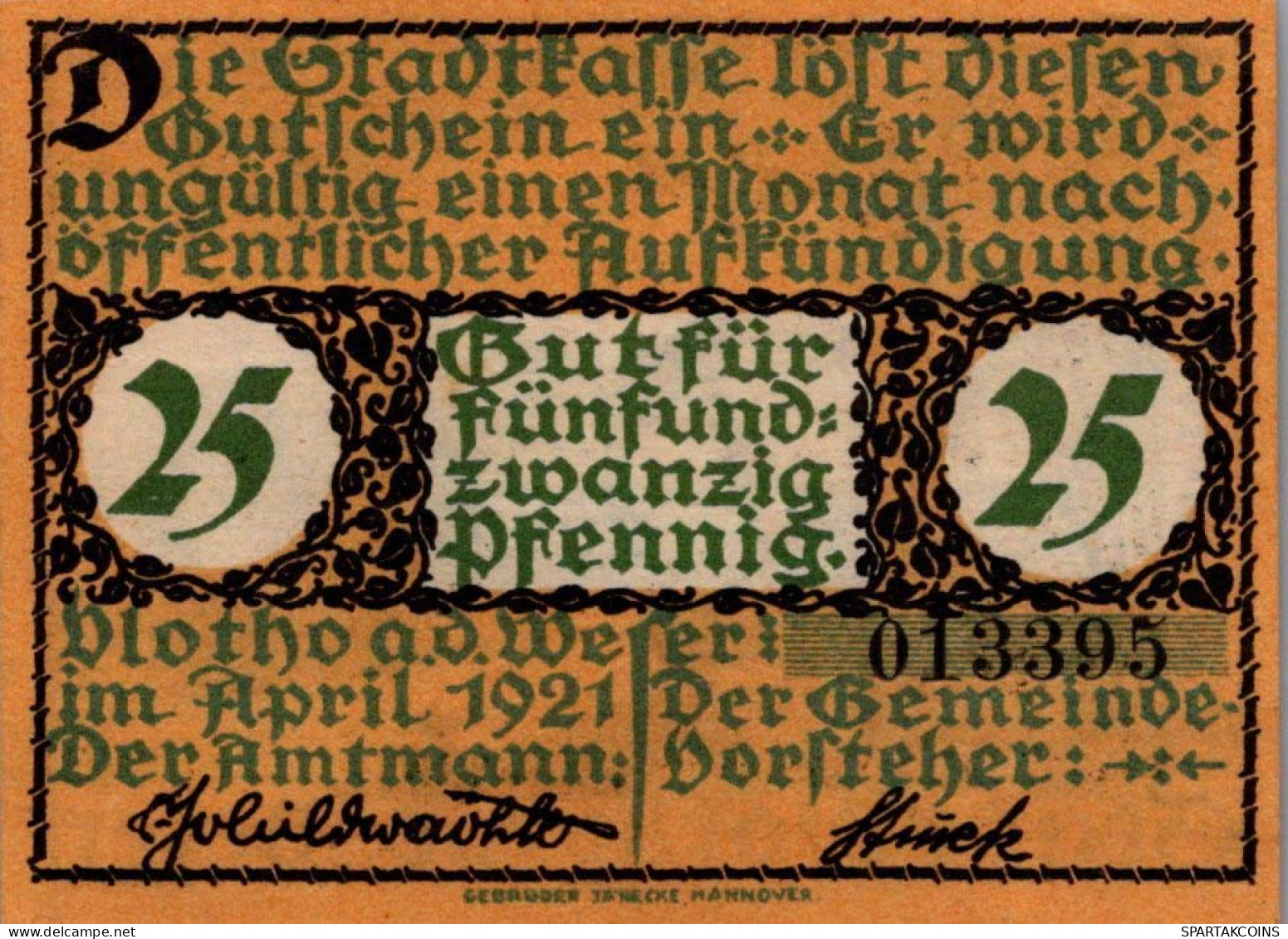 25 PFENNIG 1921 Stadt VLOTHO Westphalia DEUTSCHLAND Notgeld Banknote #PG320 - [11] Emisiones Locales