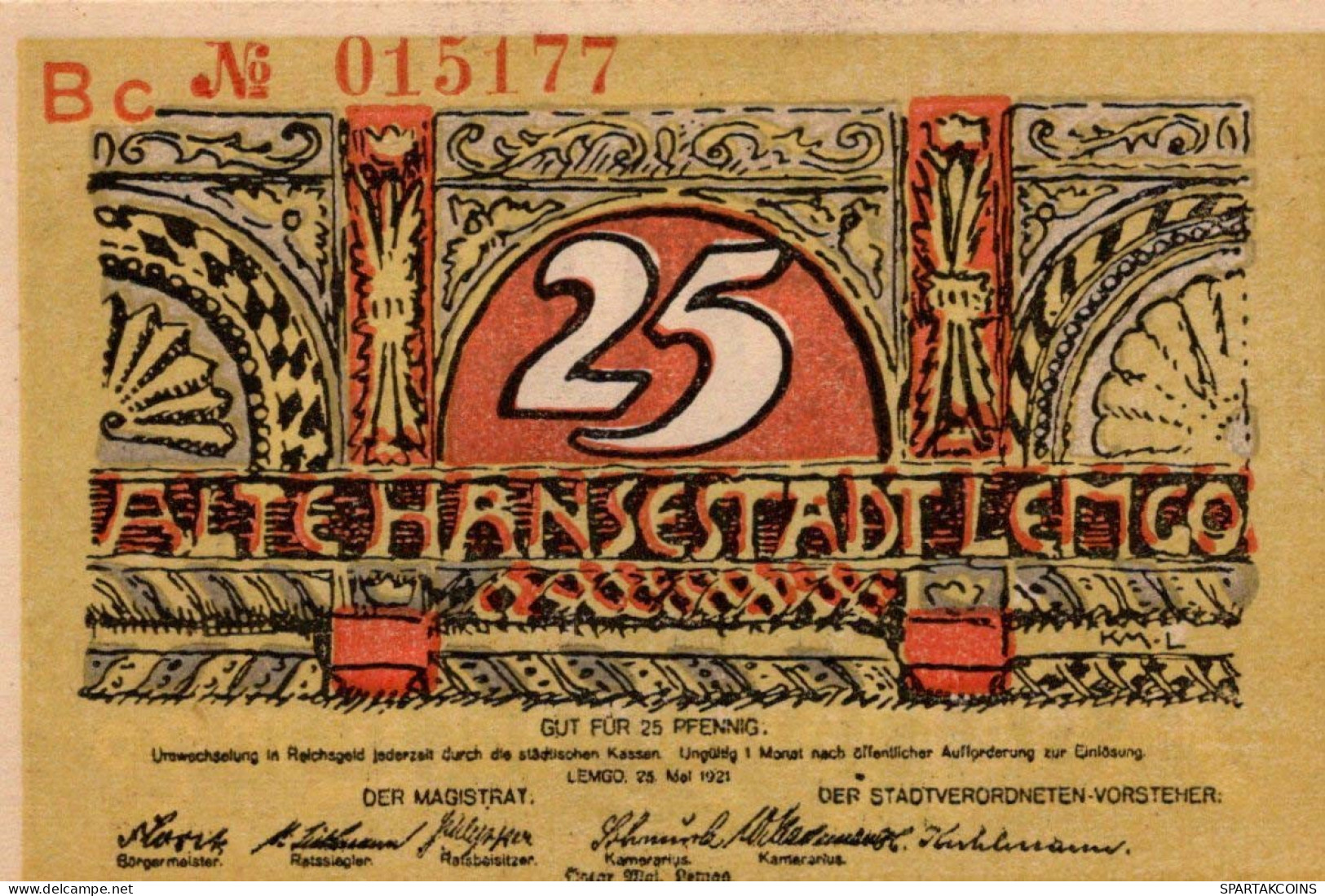 25 PFENNIG 1921 Stadt LEMGO Lippe UNC DEUTSCHLAND Notgeld Banknote #PC129 - [11] Emisiones Locales