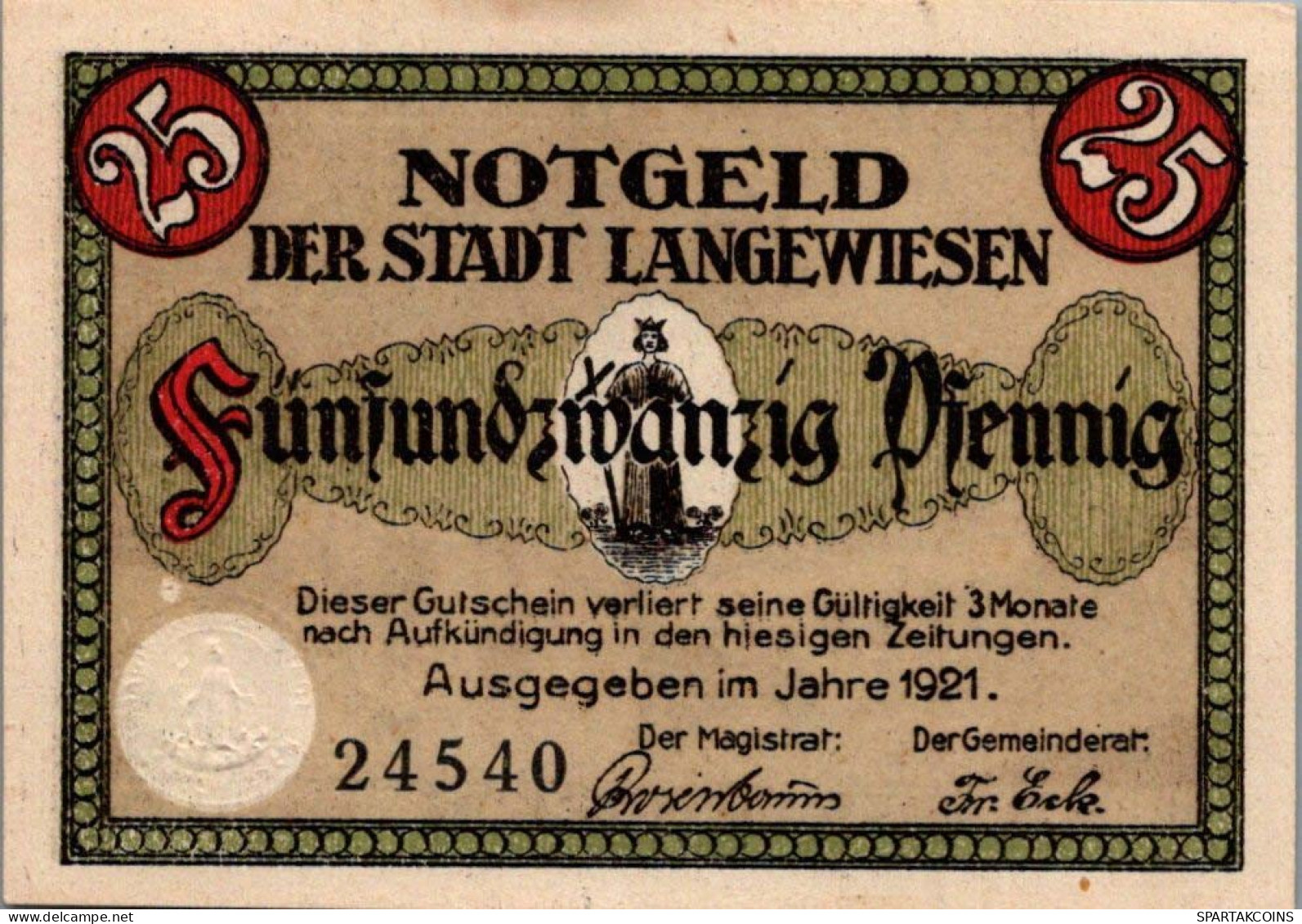 25 PFENNIG 1921 Stadt LANGEWIESEN Thuringia UNC DEUTSCHLAND Notgeld #PC021 - [11] Emisiones Locales