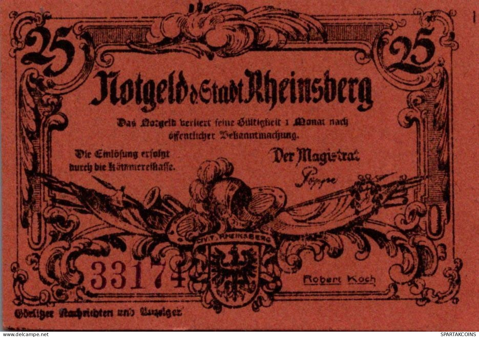 25 PFENNIG Stadt RHEINSBERG Brandenburg UNC DEUTSCHLAND Notgeld Banknote #PH664 - Lokale Ausgaben